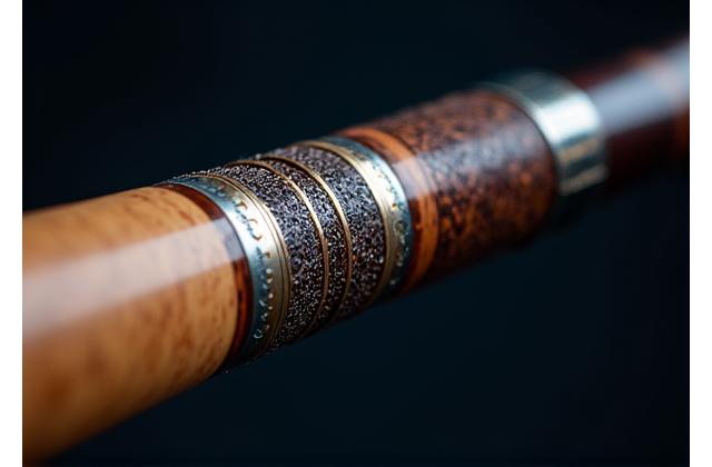 Close-up of a beautifully crafted fishing rod handle with intricate detailing
